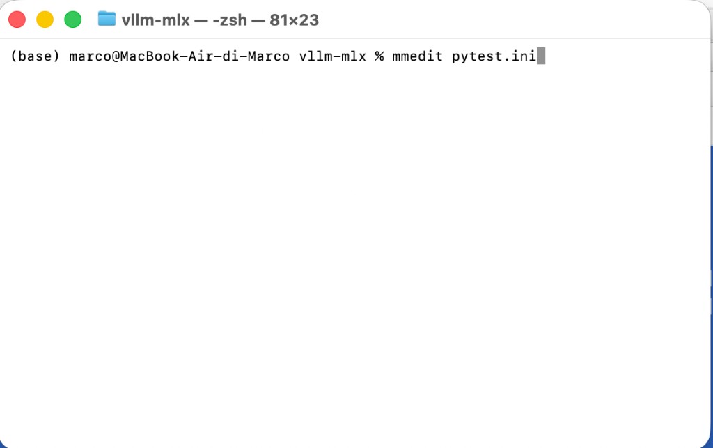 Terminale macOS con il comando mmedit pytest.ini